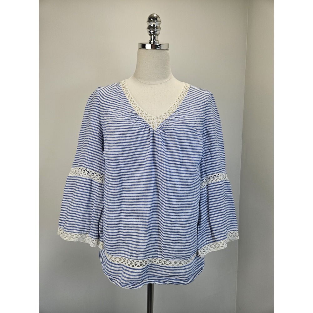 Chicos Blue White Striped Linen‎ Blouse Lace Trim Bell Sleeve Top Size 0 S